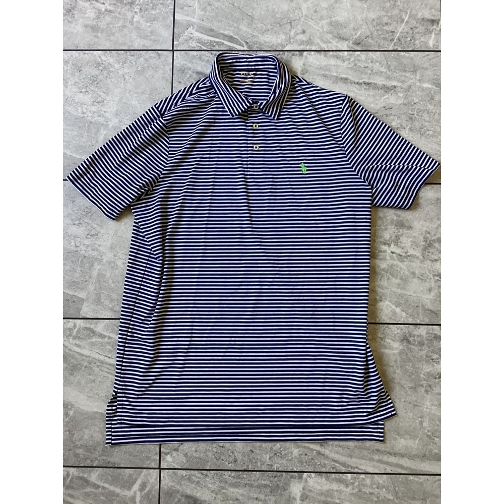 Polo Ralph Lauren Performance Mens L Navy White Striped Polo Shirt Green Pony